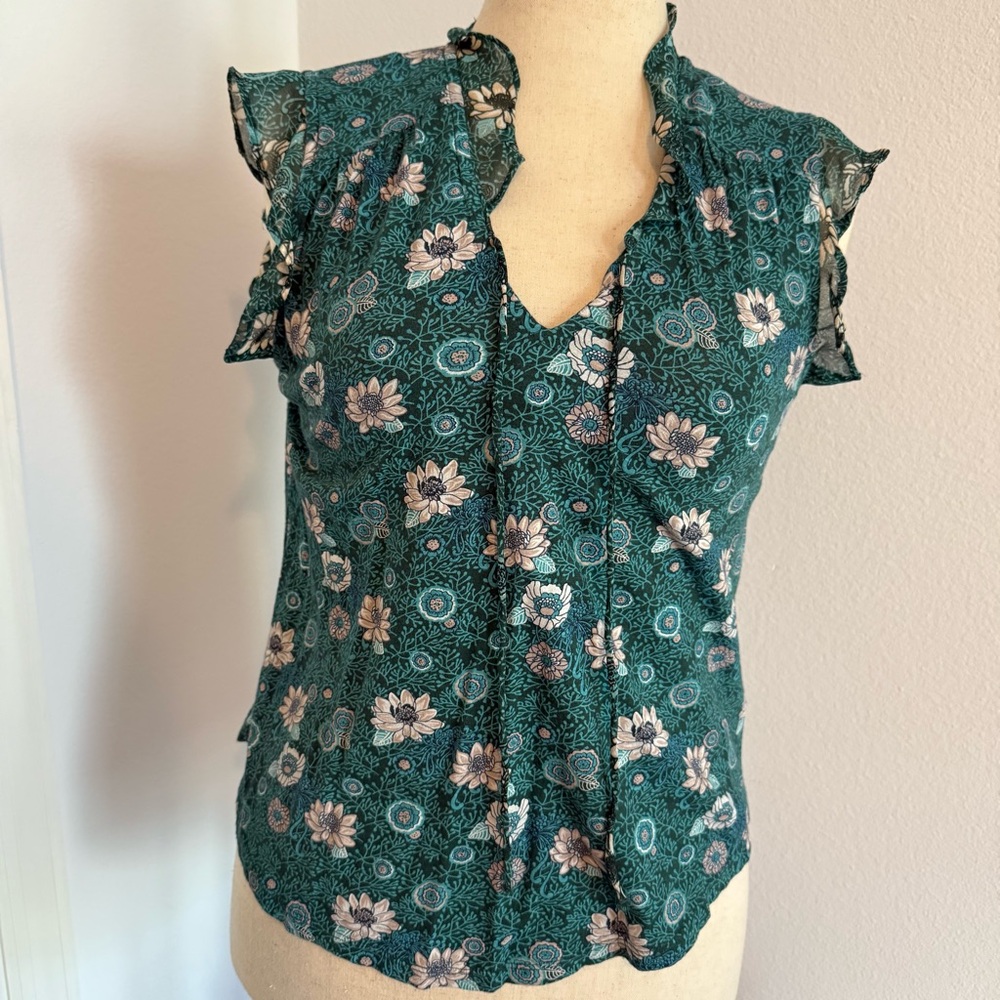 Lucky Brand Green Ruffled Fitted Blouse with Mandarin Collar